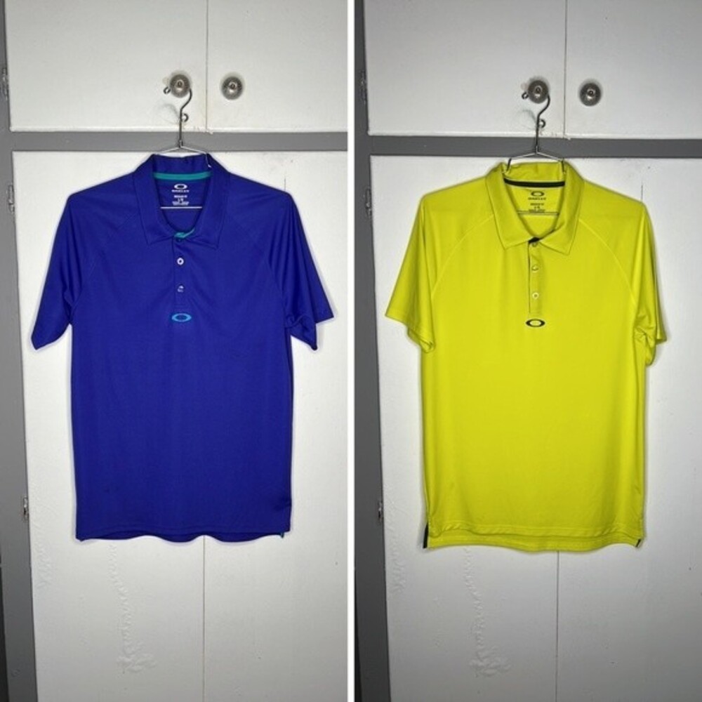 Oakley regular fit golf polo shirt size large Highlight Yellow & Cobalt Blue